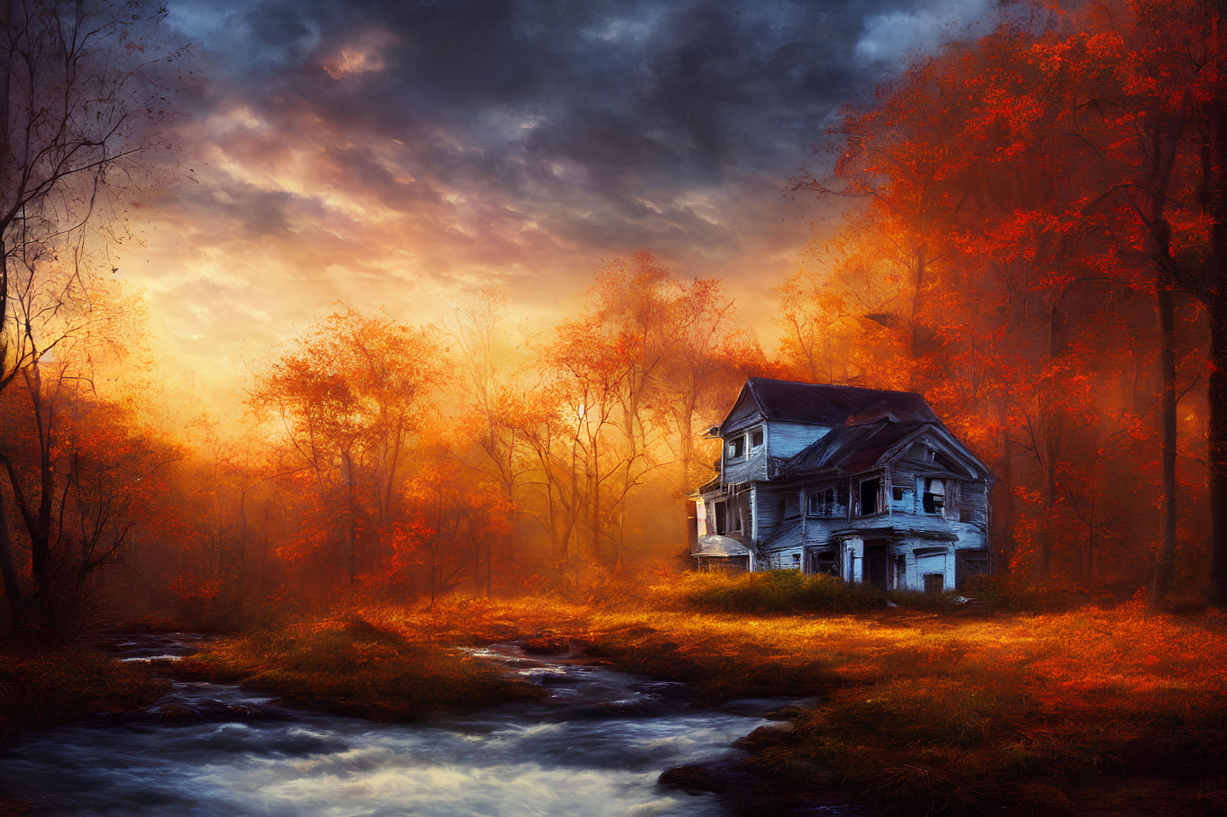 Weathered two-story house in fall foliage with stream and sunset sky