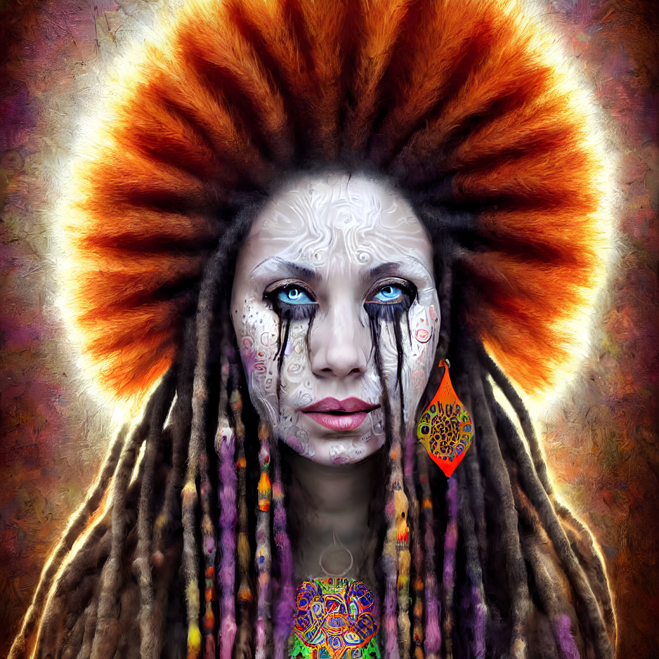 Person with blue eyes, tribal face paint, colorful dreadlocks, and feathered headdress
