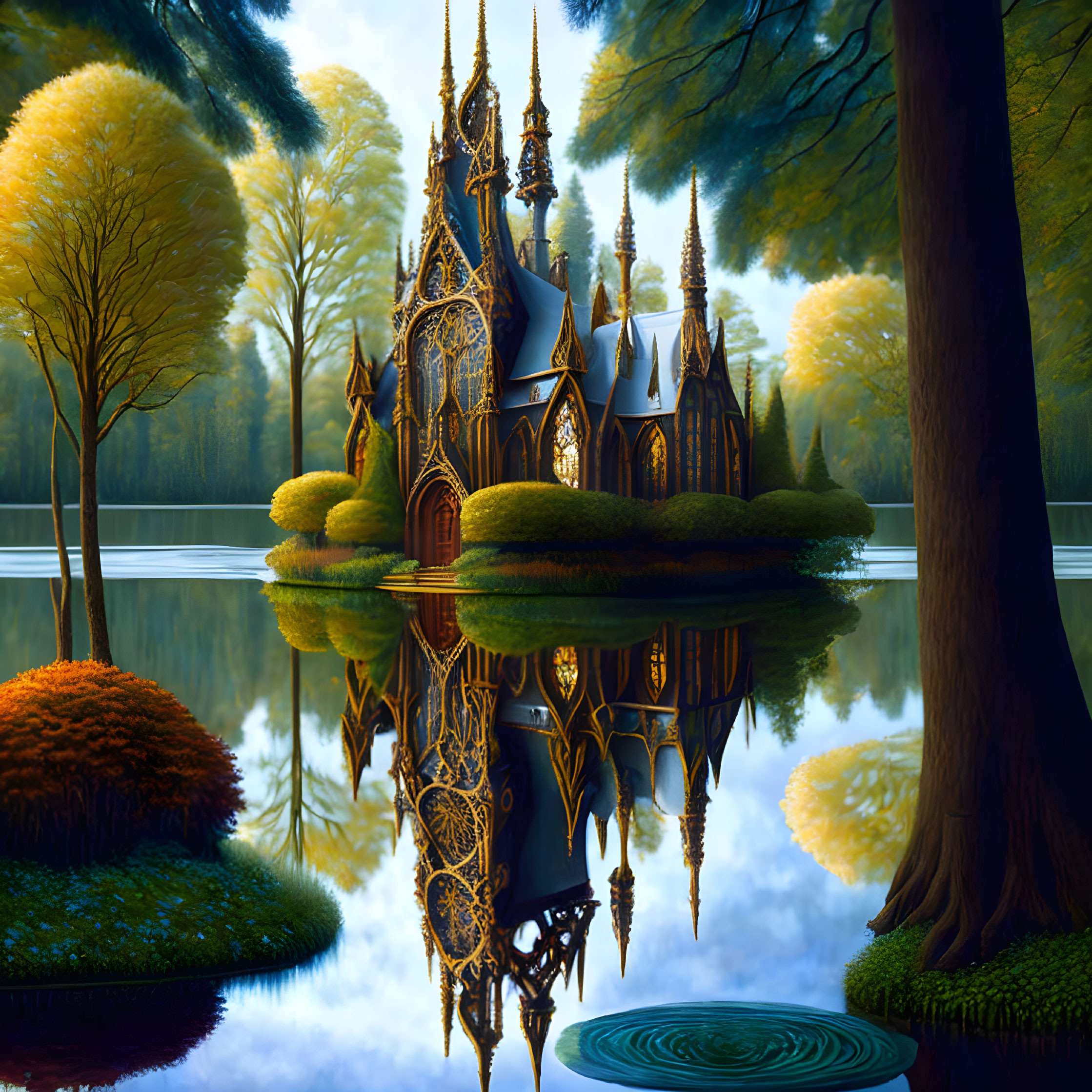 Gothic castle reflected in forest lake at dusk