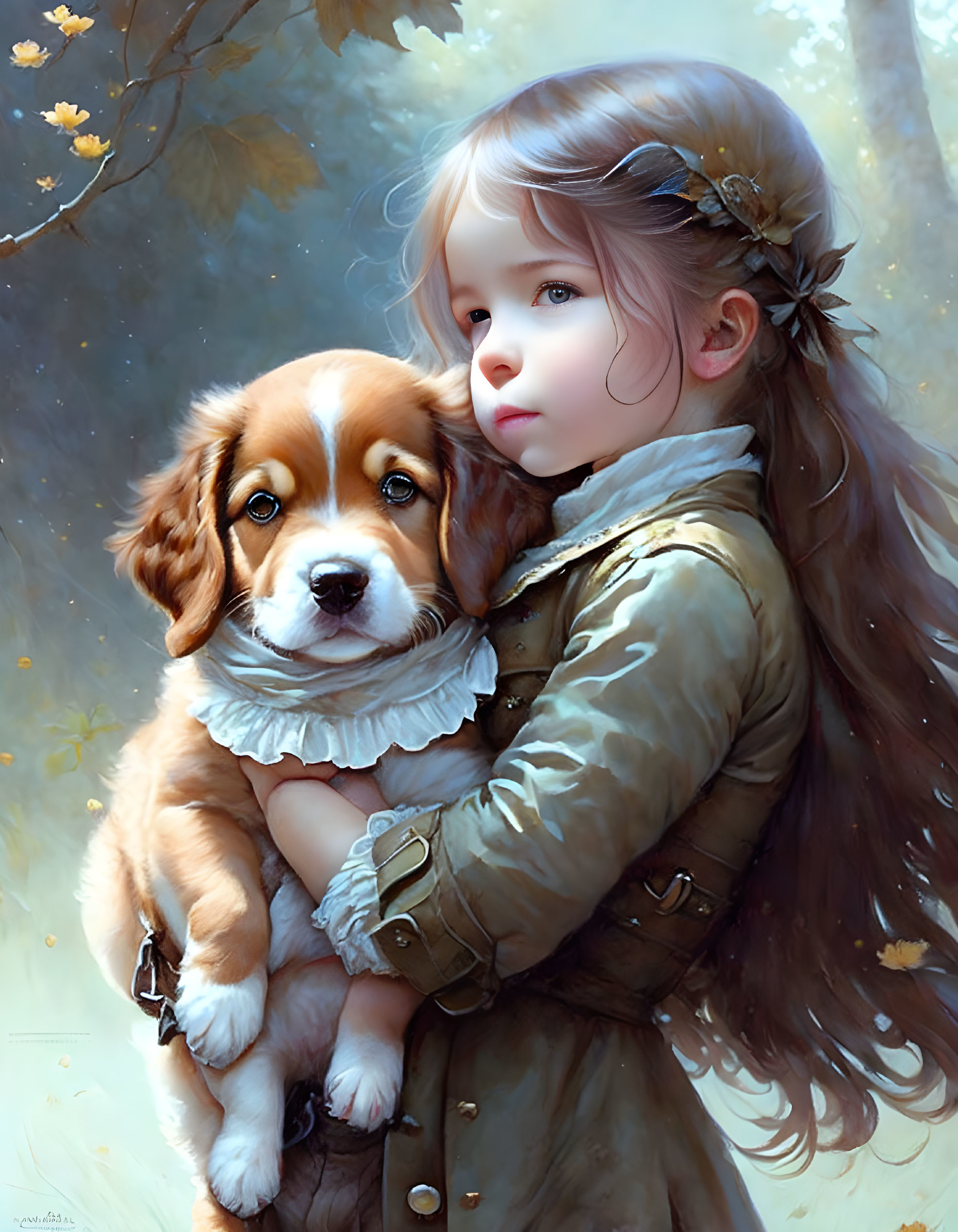 Young girl with long hair holding brown and white puppy against soft background