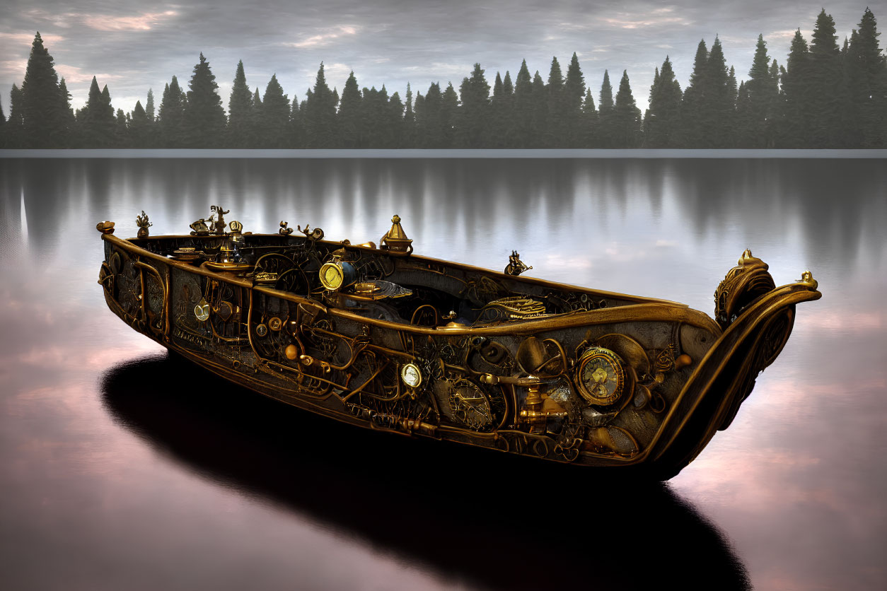 Steampunk-style boat with gears on calm lake at dusk