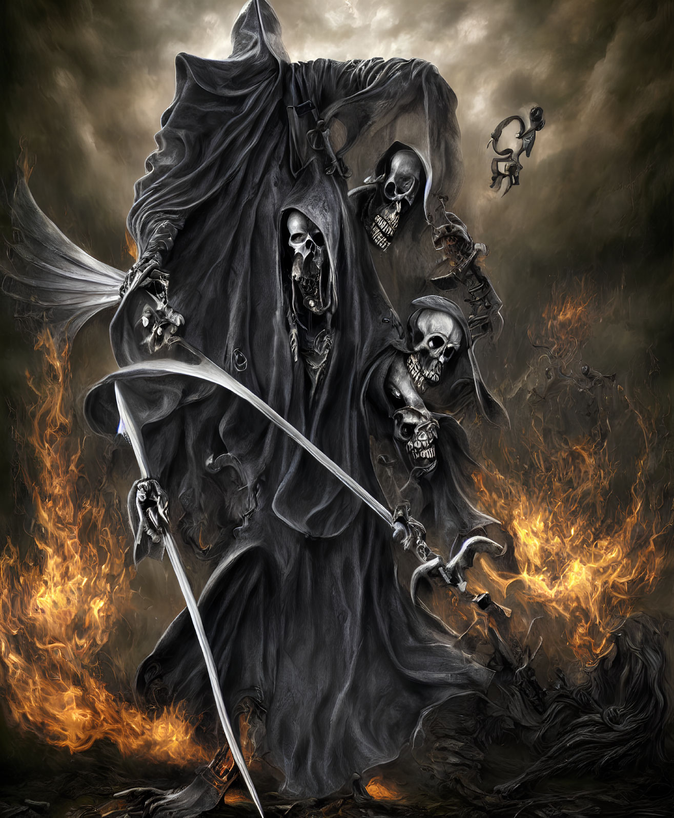 Dark Reaper with Scythe and Skulls in Flames