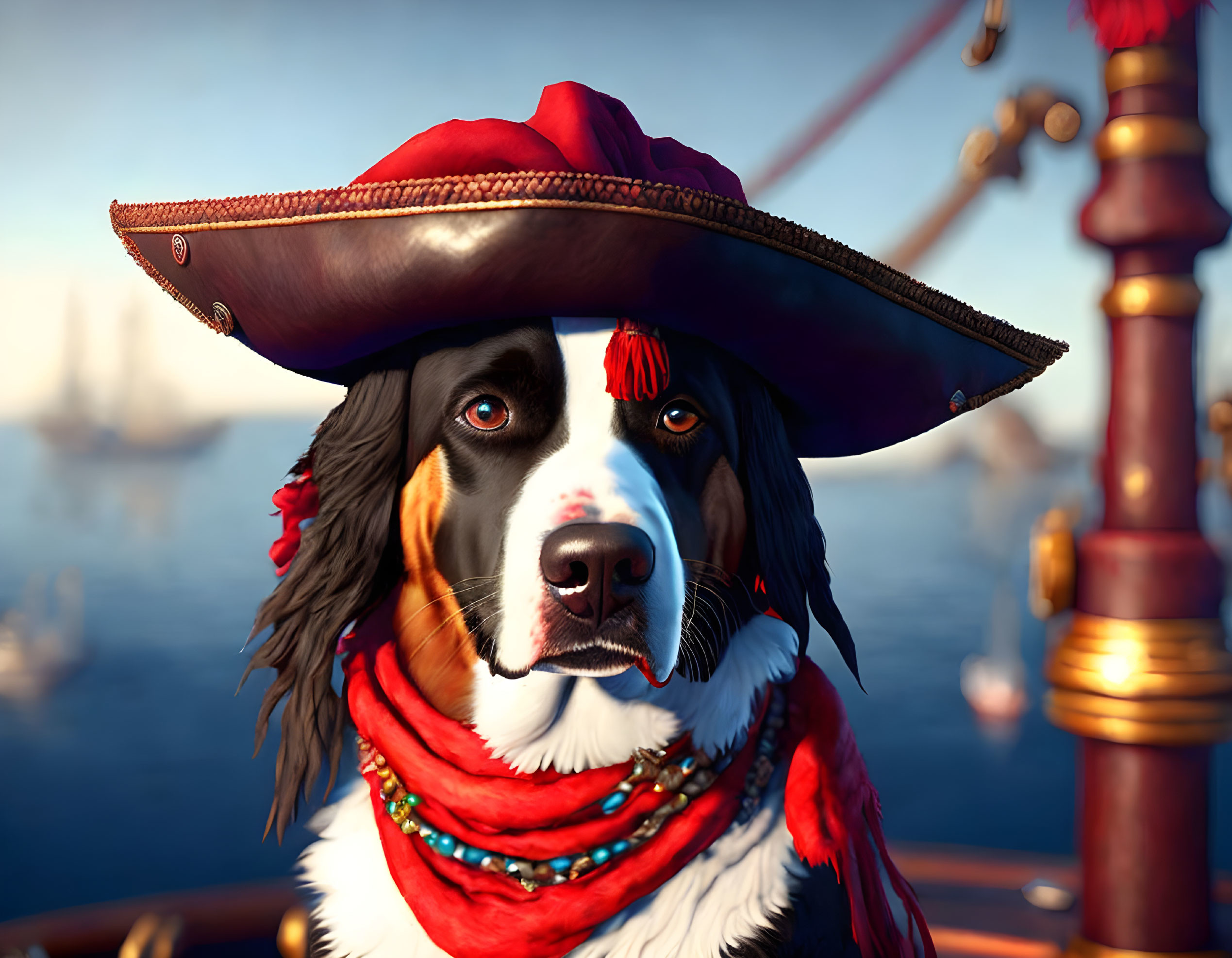 Tricolor-coated dog in pirate costume on ship with blurred maritime backdrop