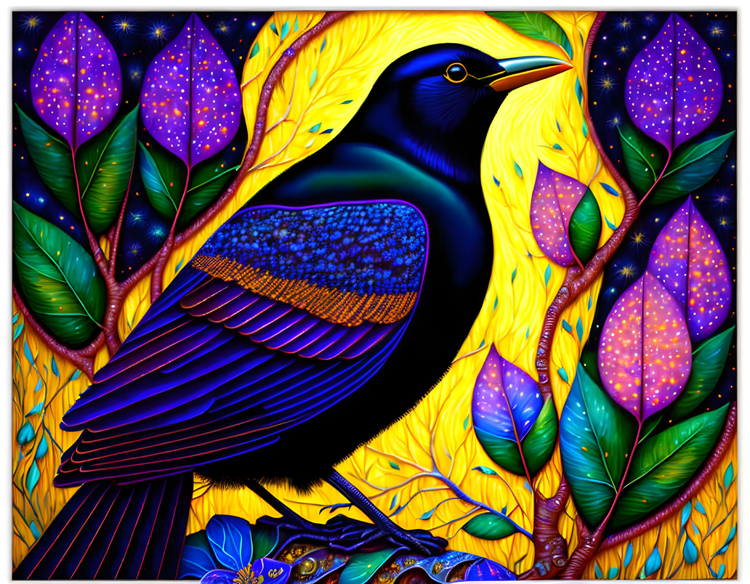 Colorful Blackbird Illustration Among Intricate Feather Patterns