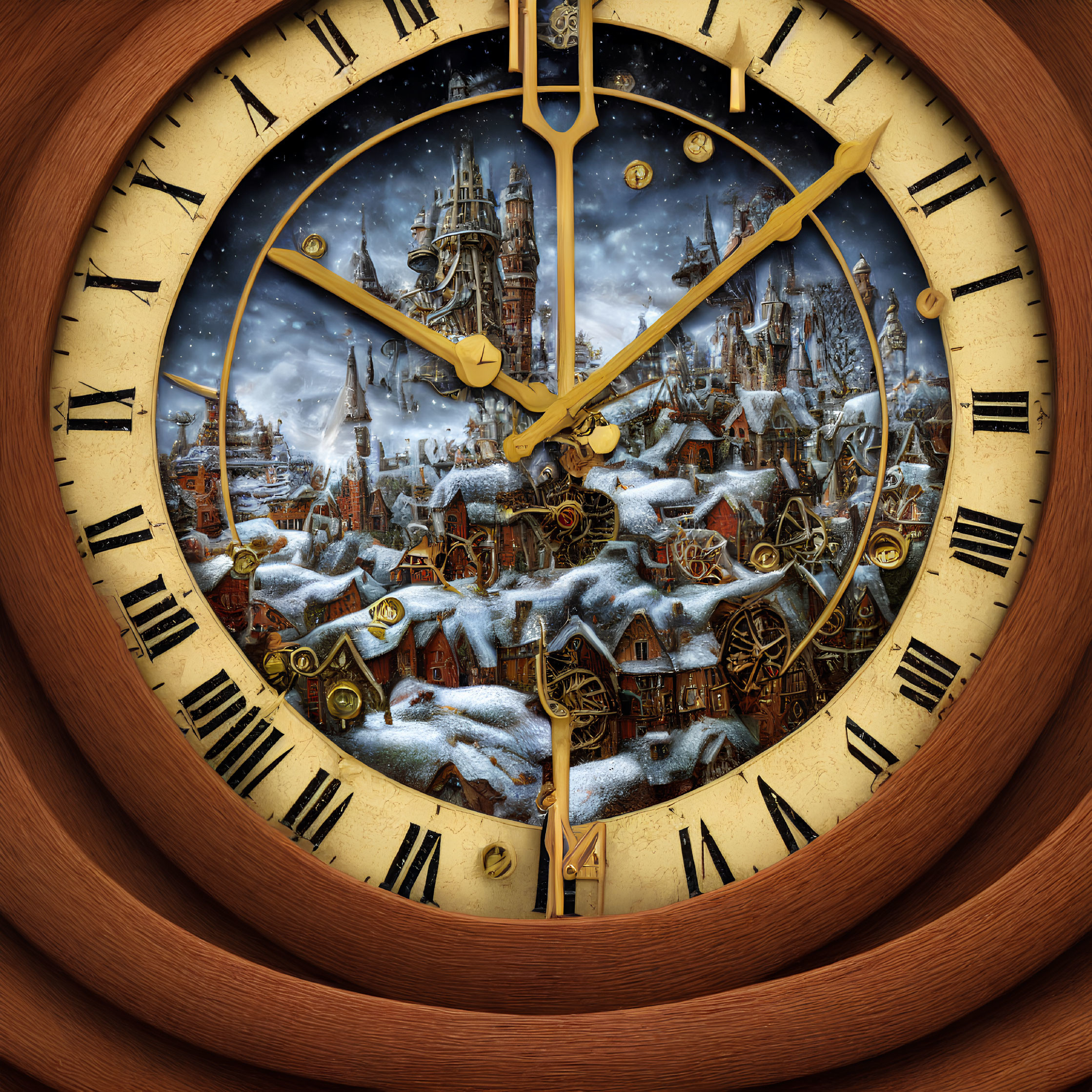 Snowy Medieval Town Scene Clock Face with Castle and Gold Hands