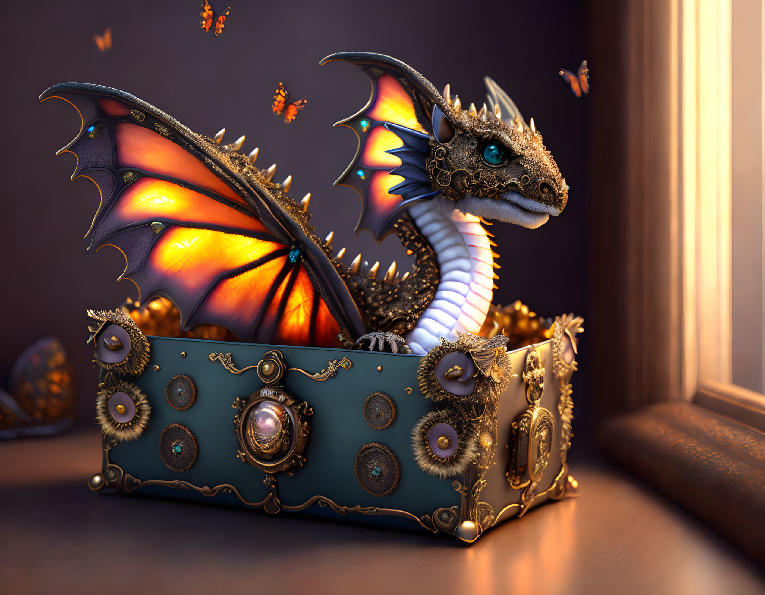 Vibrant dragon artwork perched on treasure chest with fiery dragons.