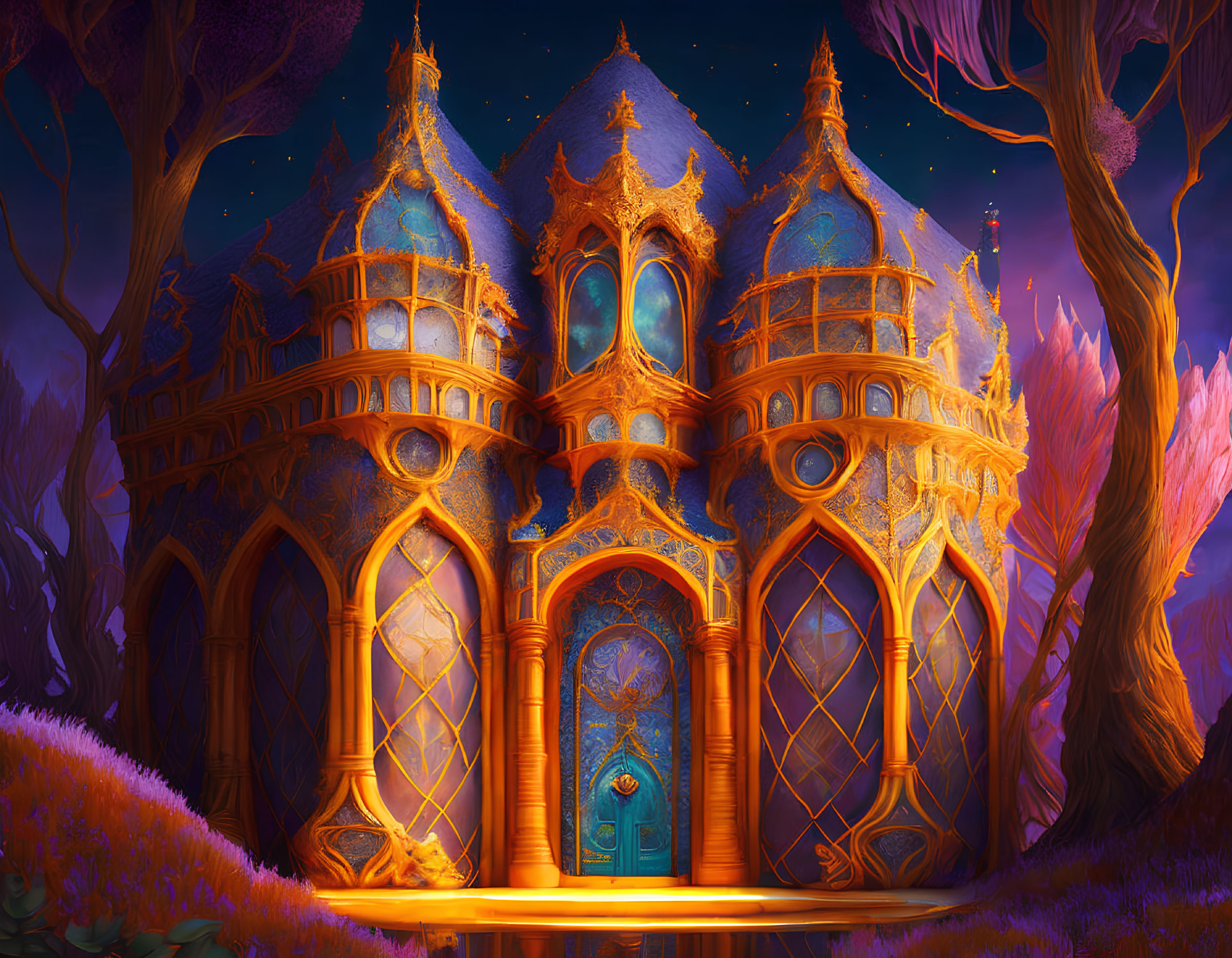 Fantastical golden castle in magical forest with violet and pink foliage