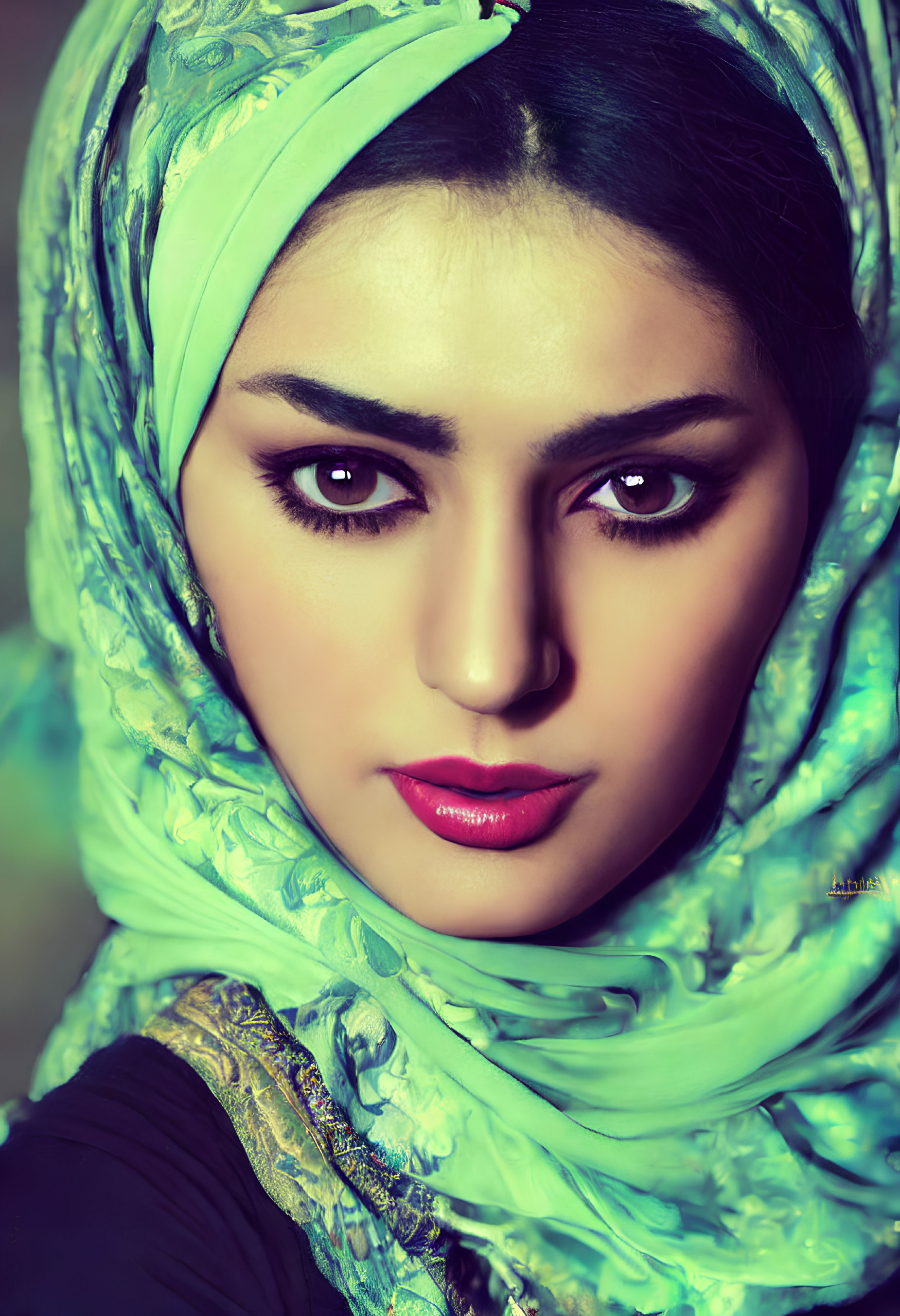 Dark-eyed woman in green headscarf with striking makeup gazes into distance