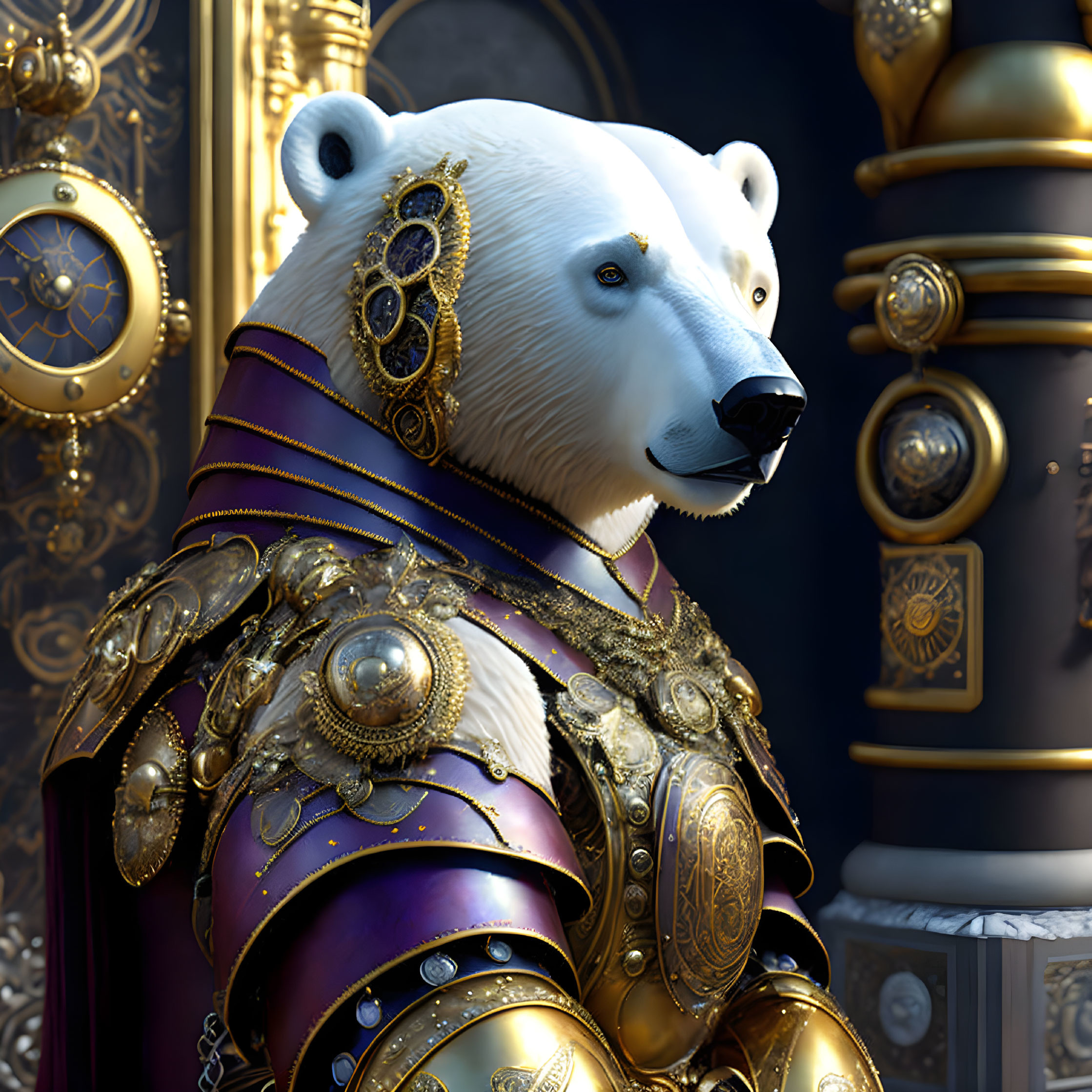 Armored polar bear with golden details and purple cape in classical setting