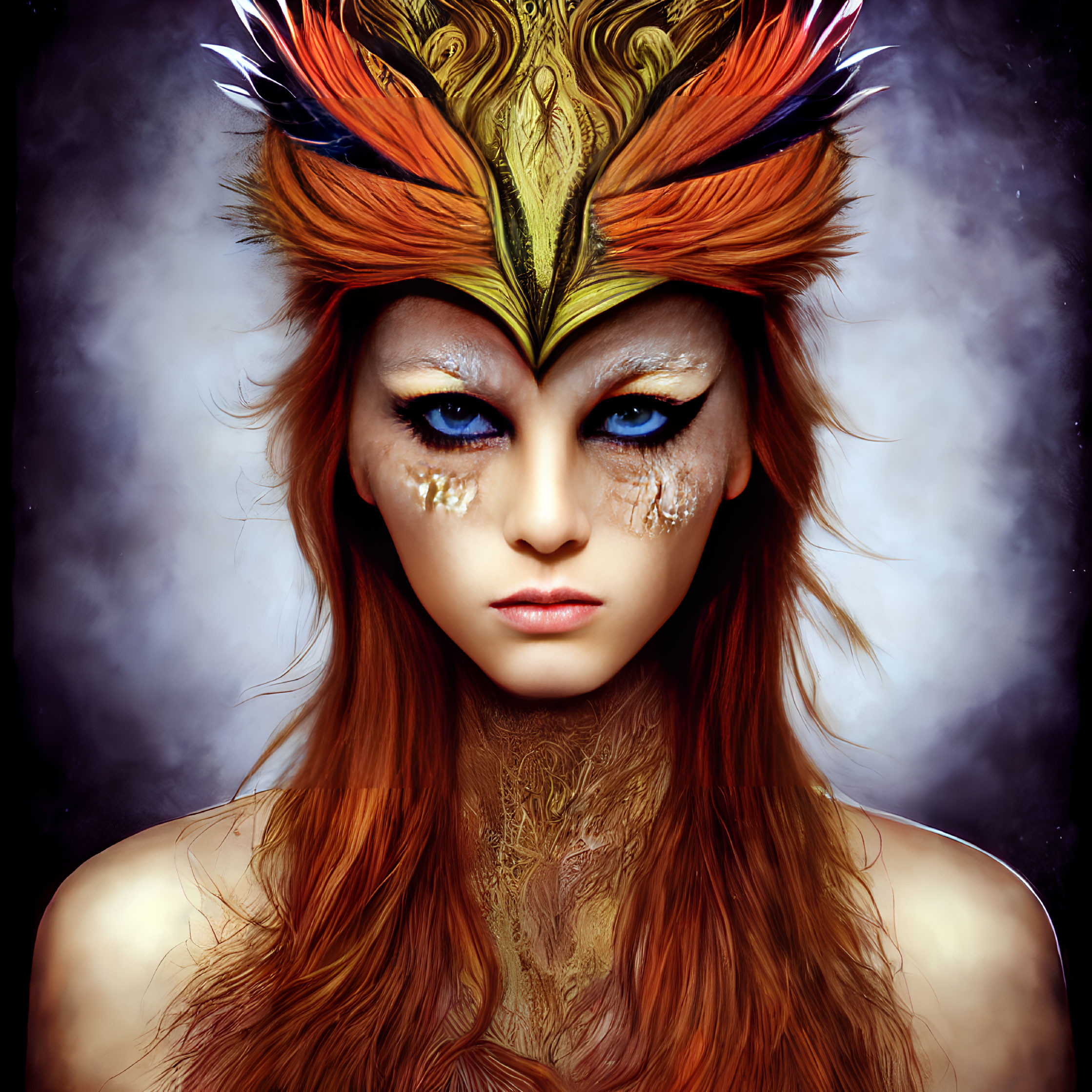 Person wearing vibrant feather headdress with intense blue eyes and gold leaf makeup on dark background