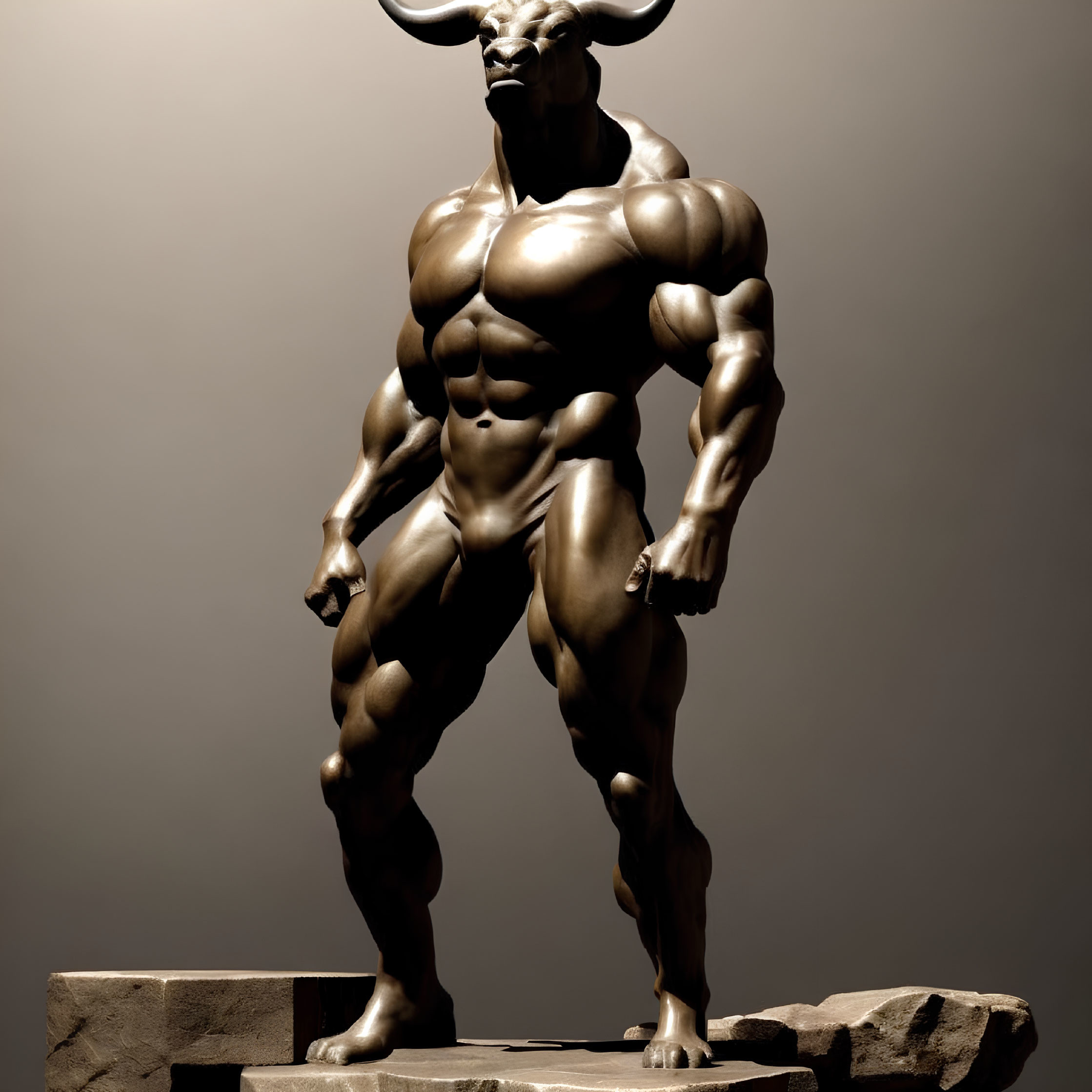 Muscular anthropomorphic bull sculpture with prominent horns on pedestal