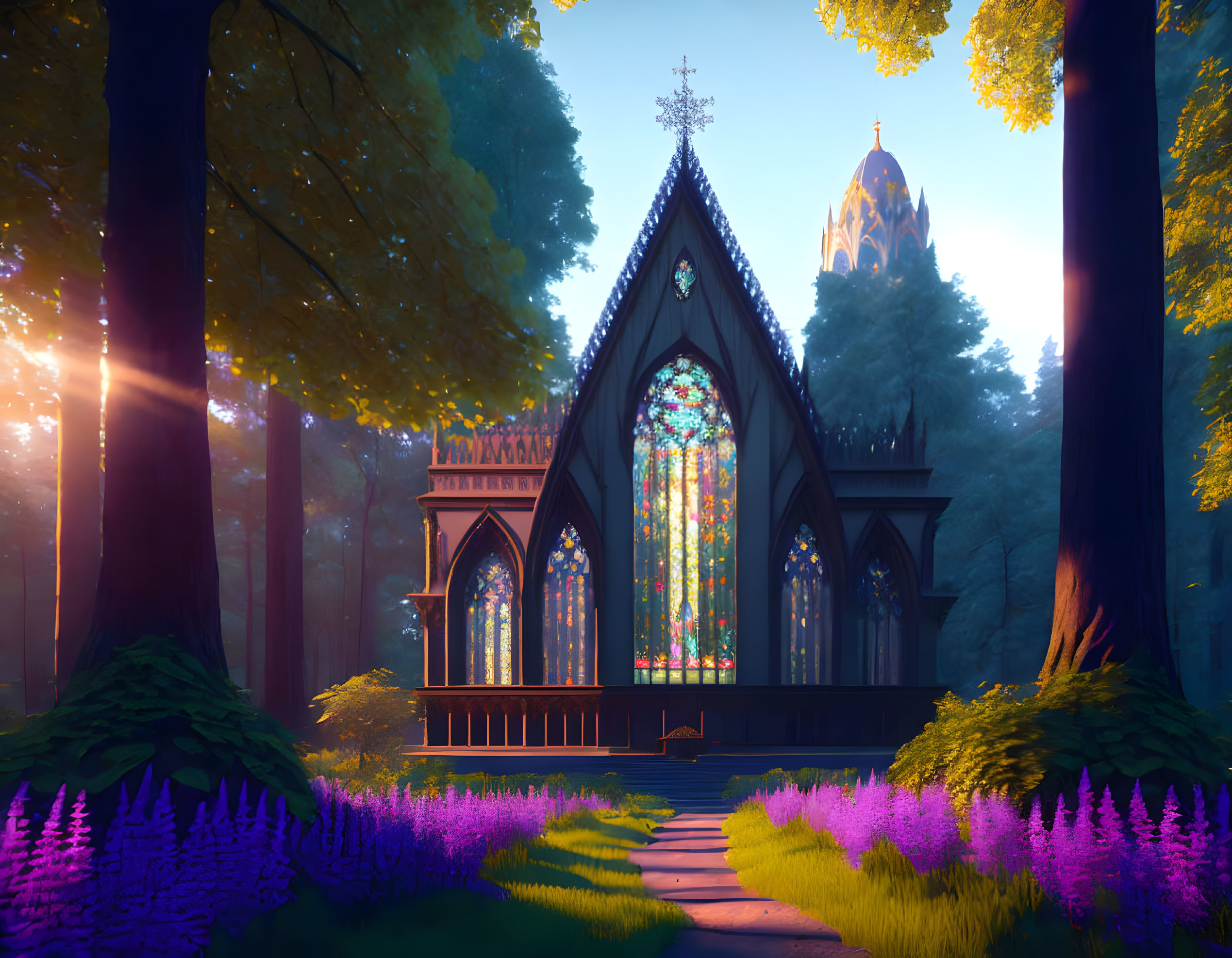 Gothic-style glass chapel in serene forest setting with vibrant stained glass