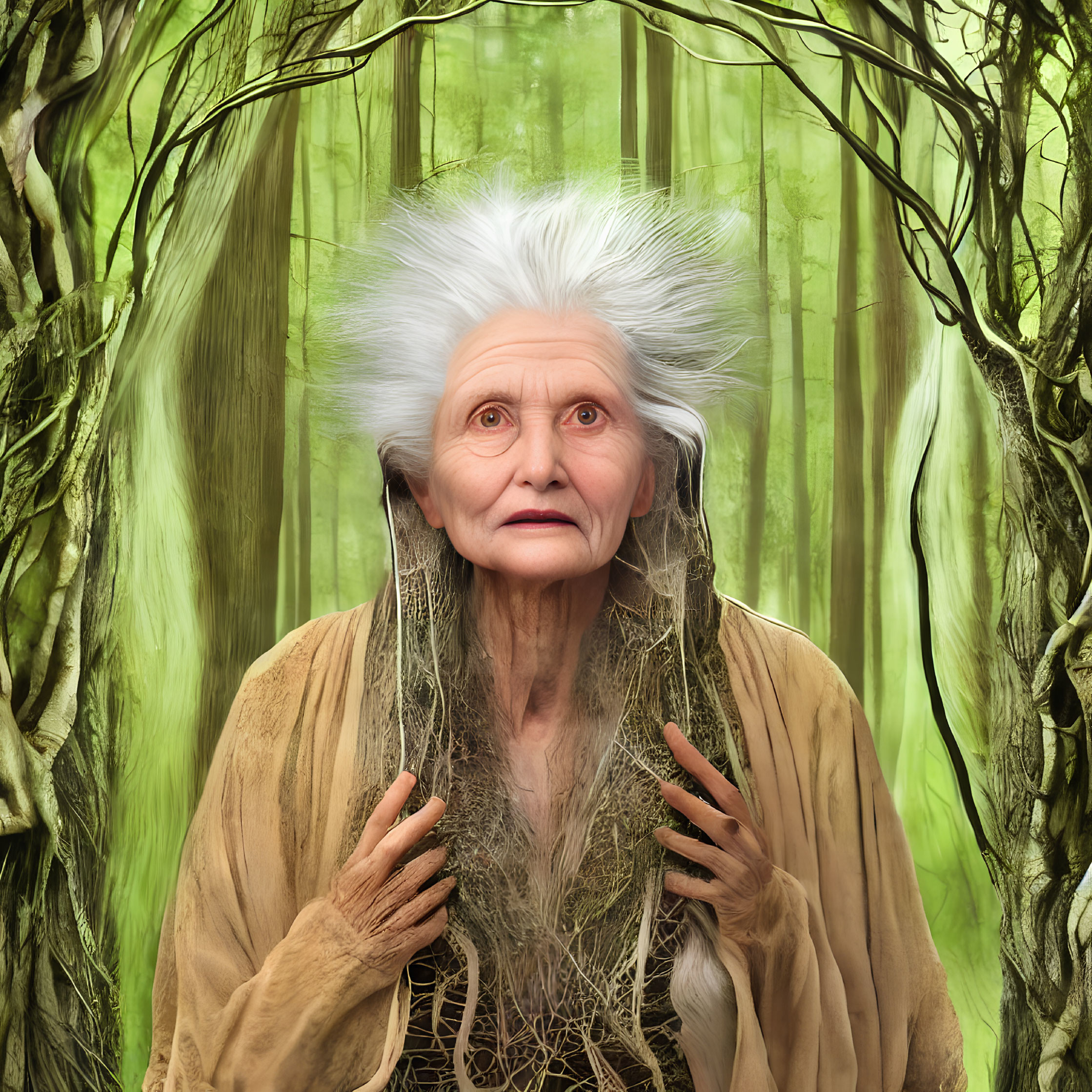 Elderly woman with white hair in mystical green forest