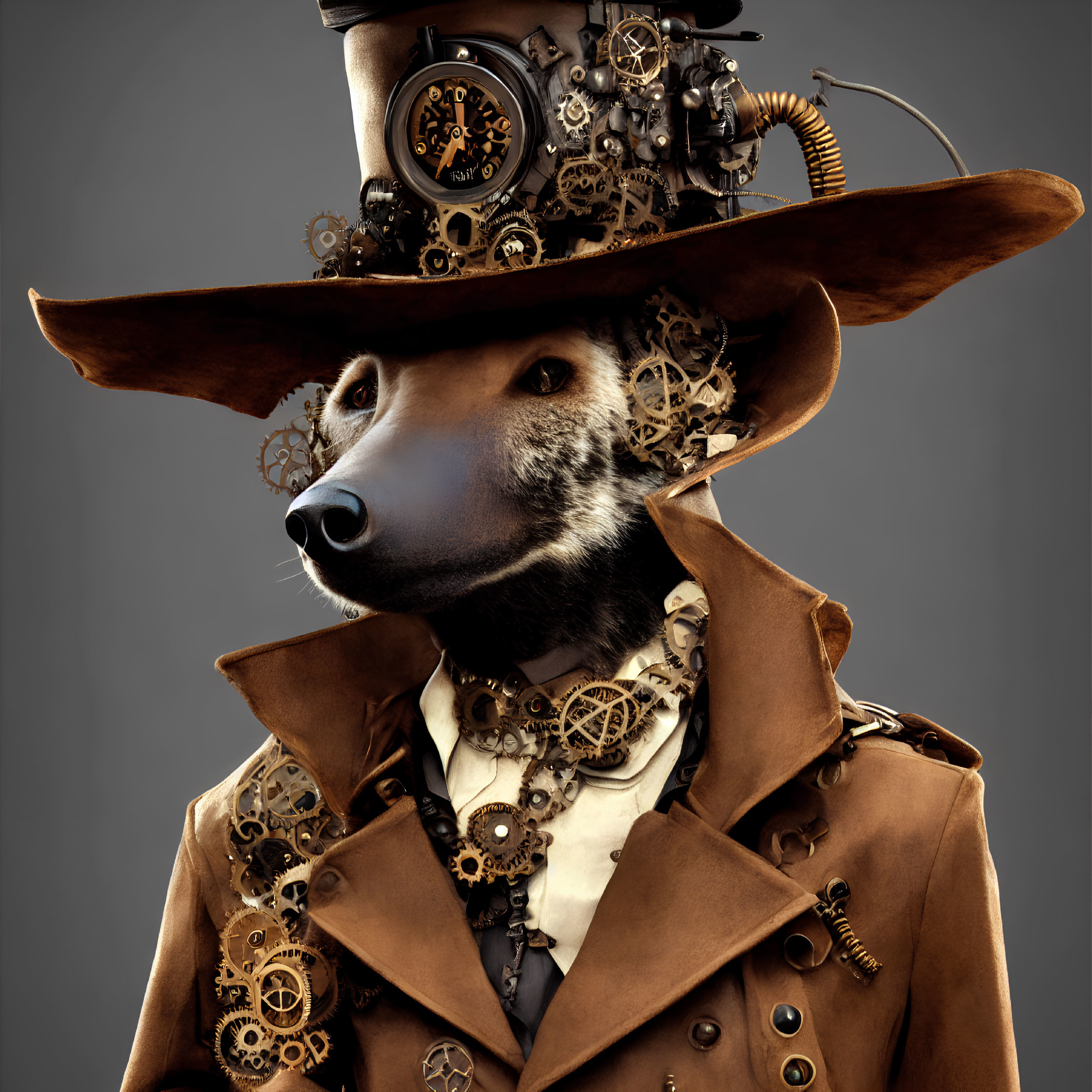 Steampunk-themed dog character with gear embellishments and top hat in brown trench coat