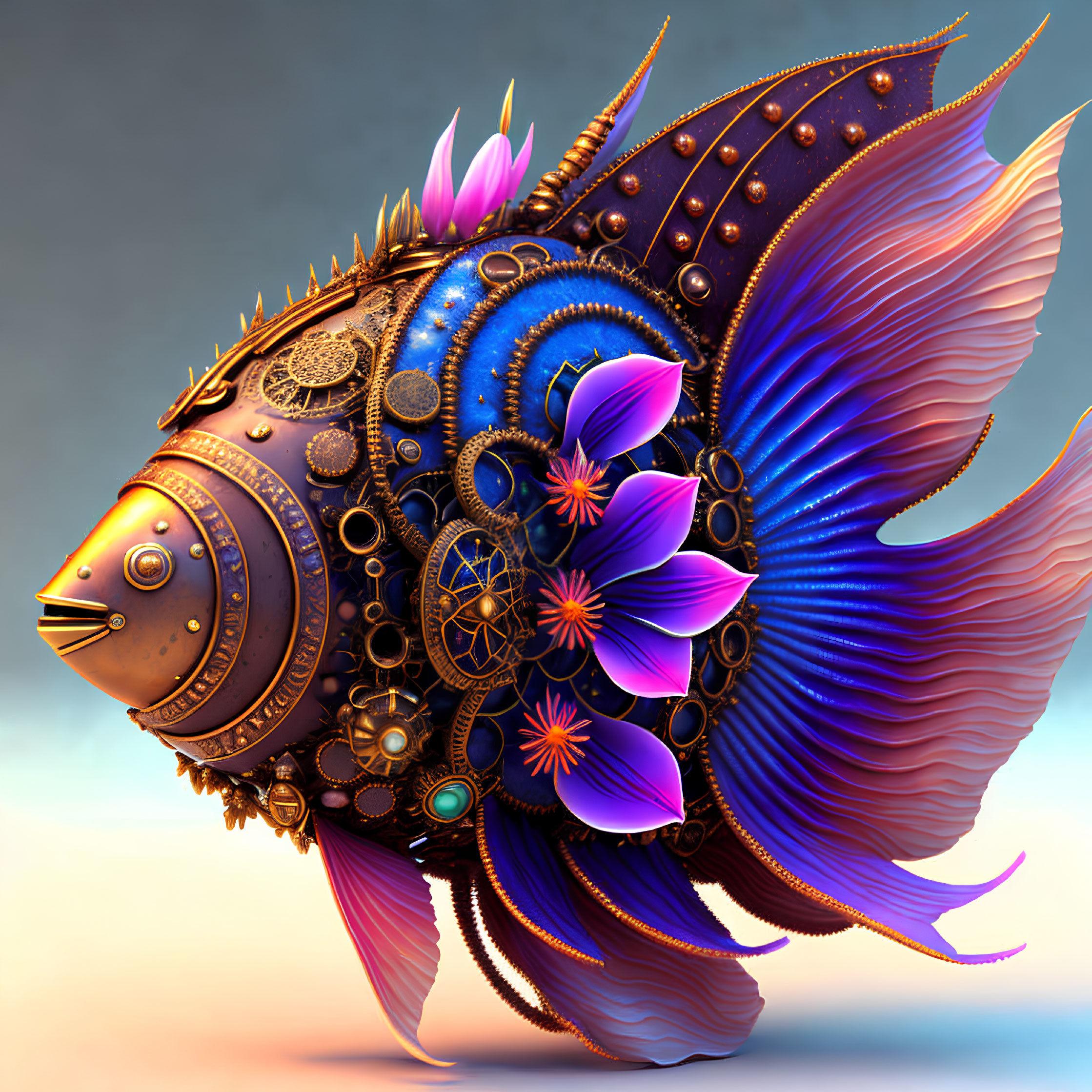 Colorful Steampunk Fish with Gears and Floral Accents