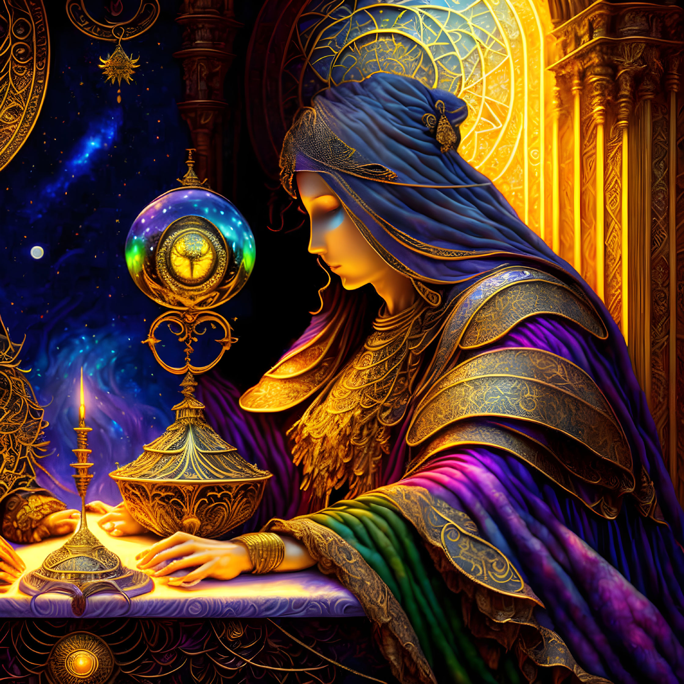 Mystical sorceress with starry backdrop and glowing orb among golden artifacts