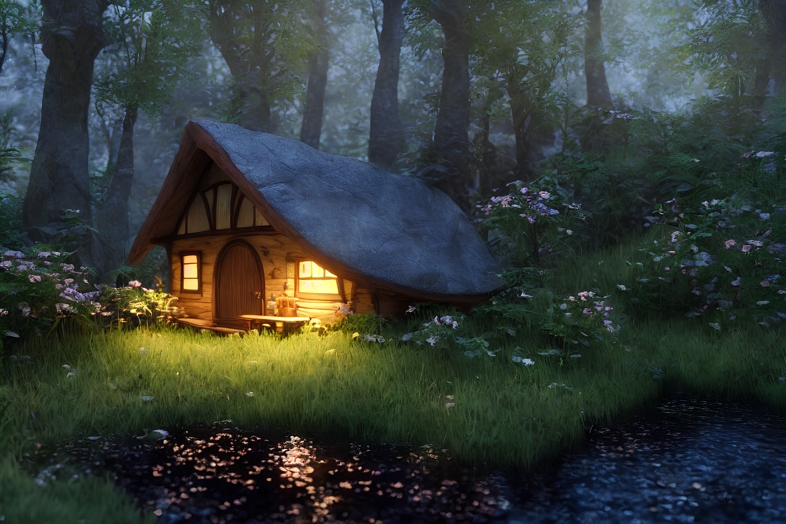 Thatched-Roof Cottage in Flower-Filled Forest at Twilight