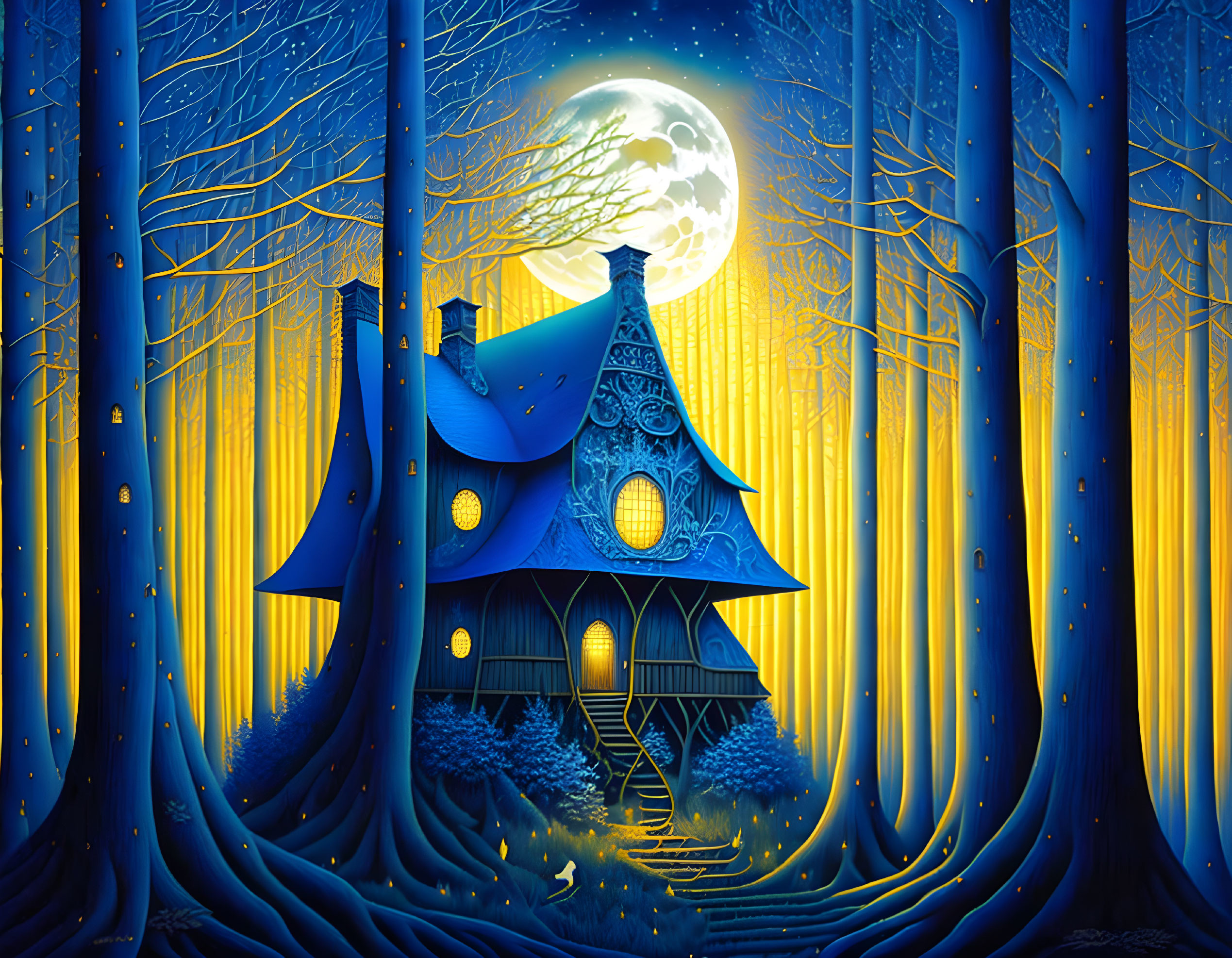 Enchanting blue house in mystical forest under full moon