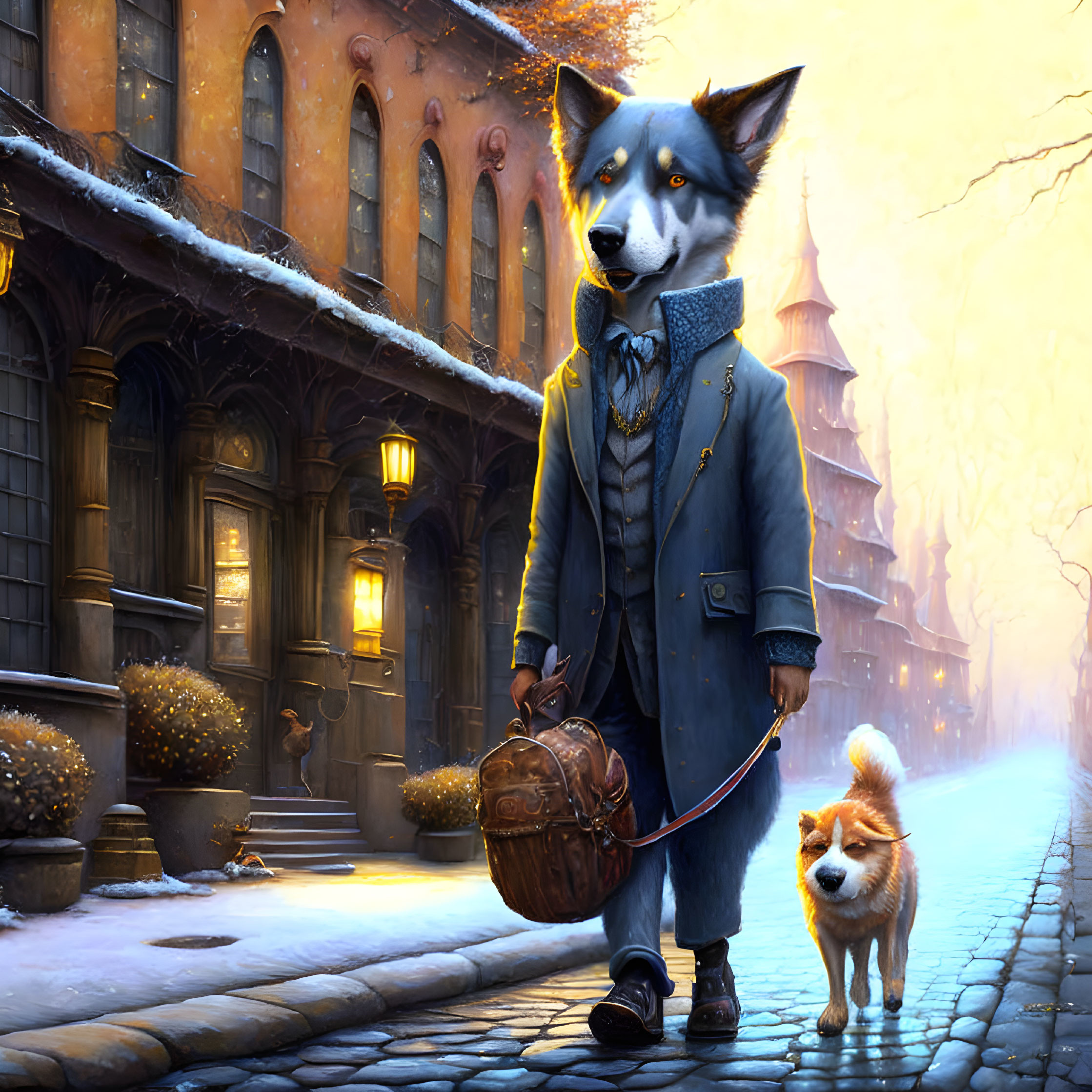 Anthropomorphic dog walking another dog on snowy street at sunrise