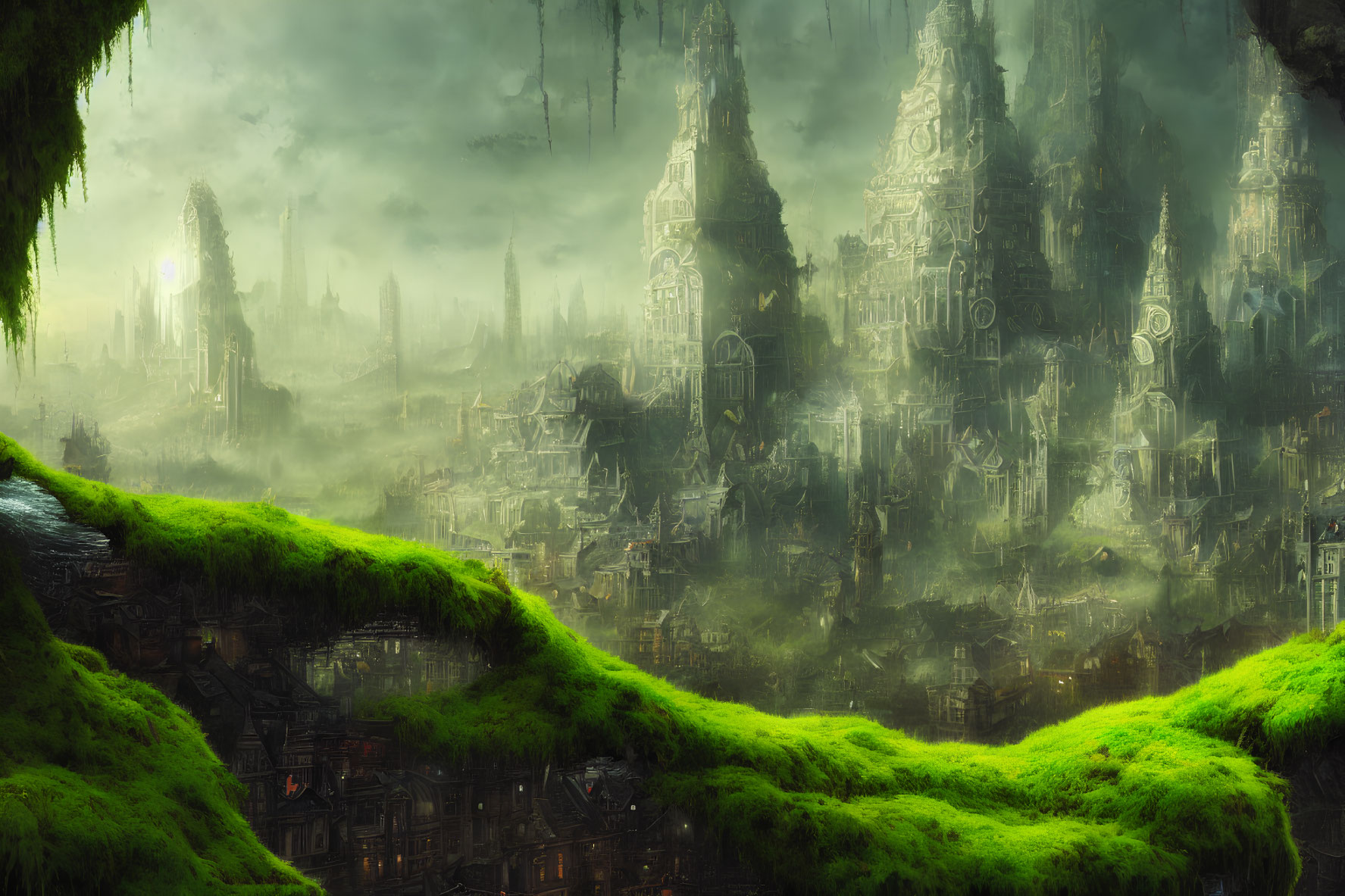 Mystical moss-covered hills and ancient Gothic city in foggy landscape