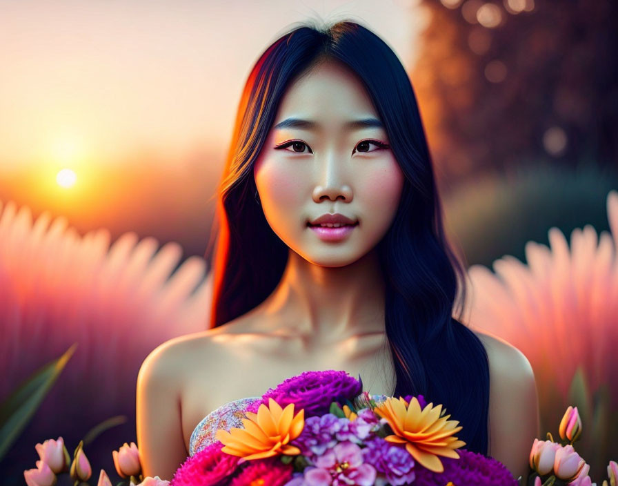 Cute Asian girl holding flowers