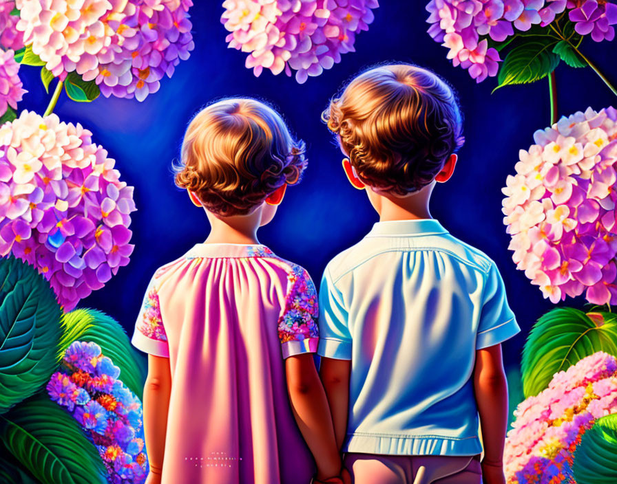 two kid with hydrangea