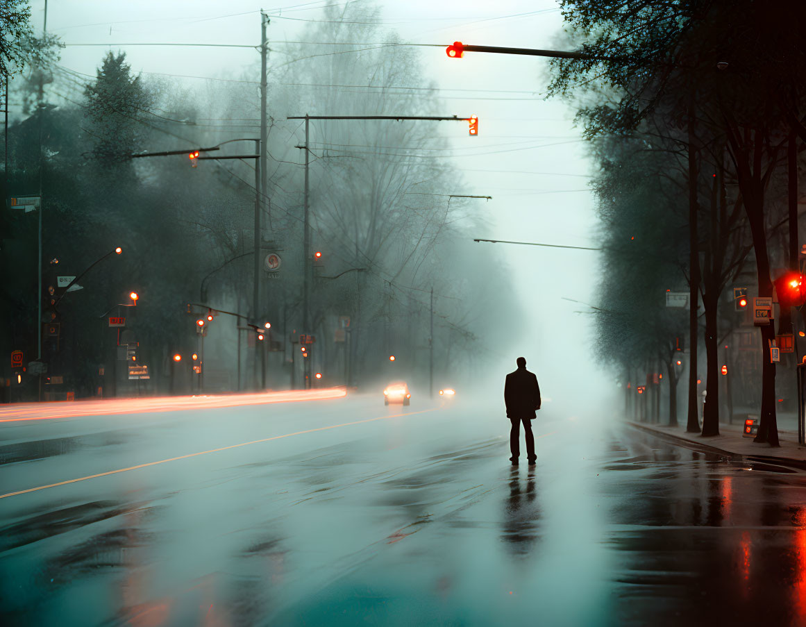 Alone man on a rainy day