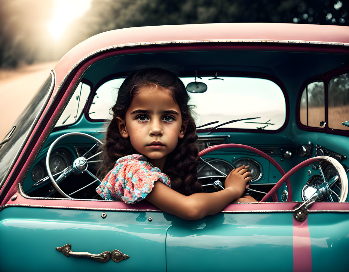 Young girl in old car