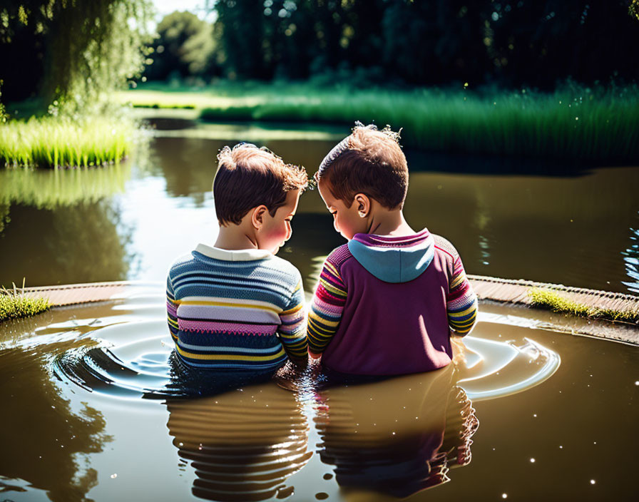 Children playing in a pond