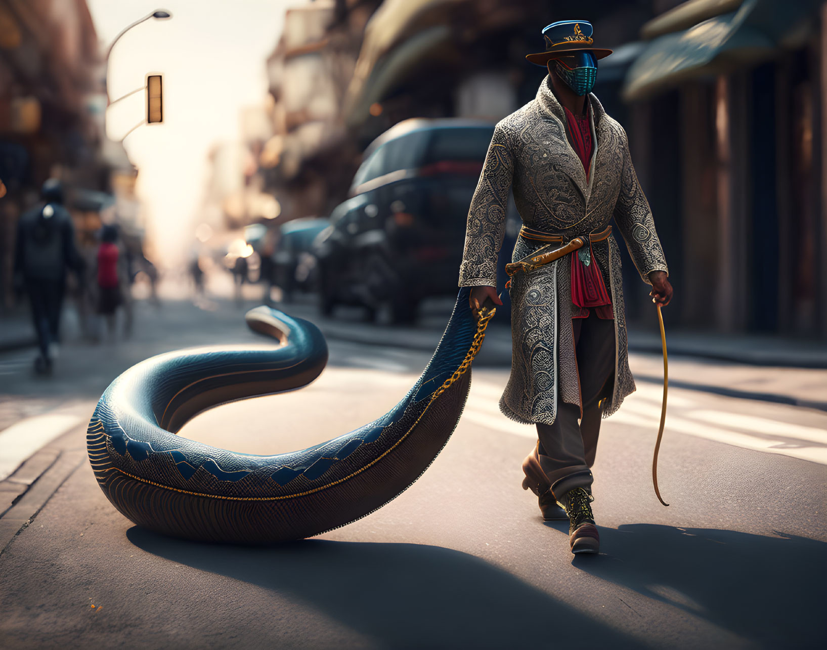a man walking a cobra