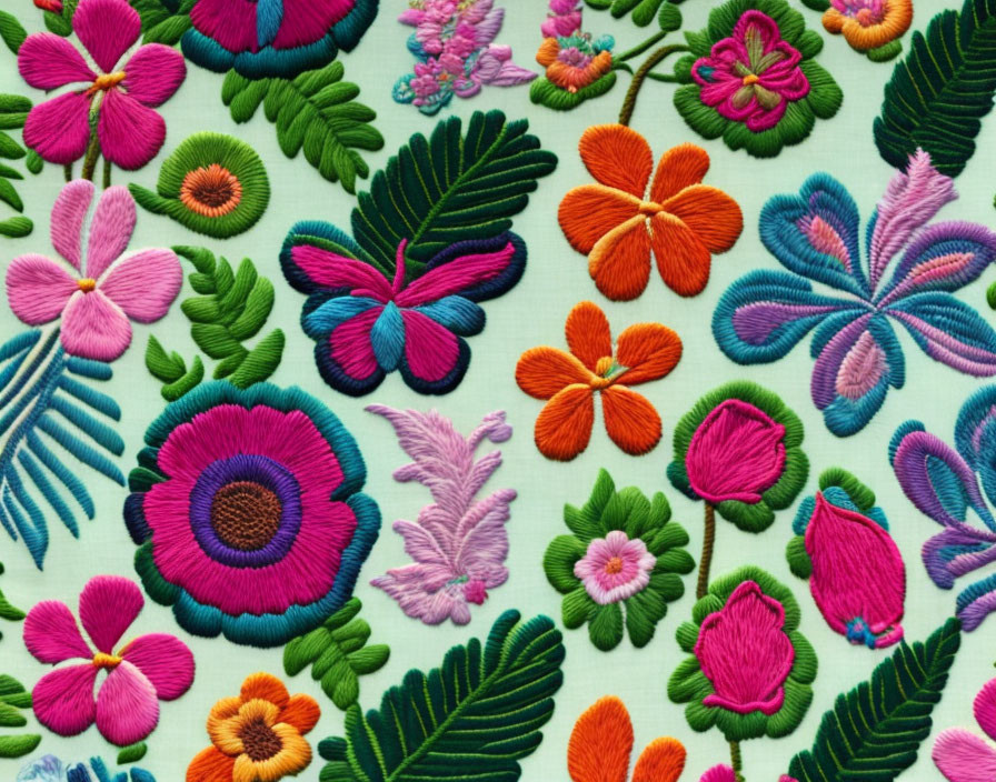Embroidered fabric design with tropical flowers an