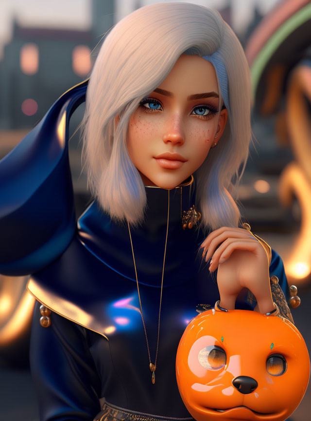 Blonde Girl with Cat shaped pumpkin