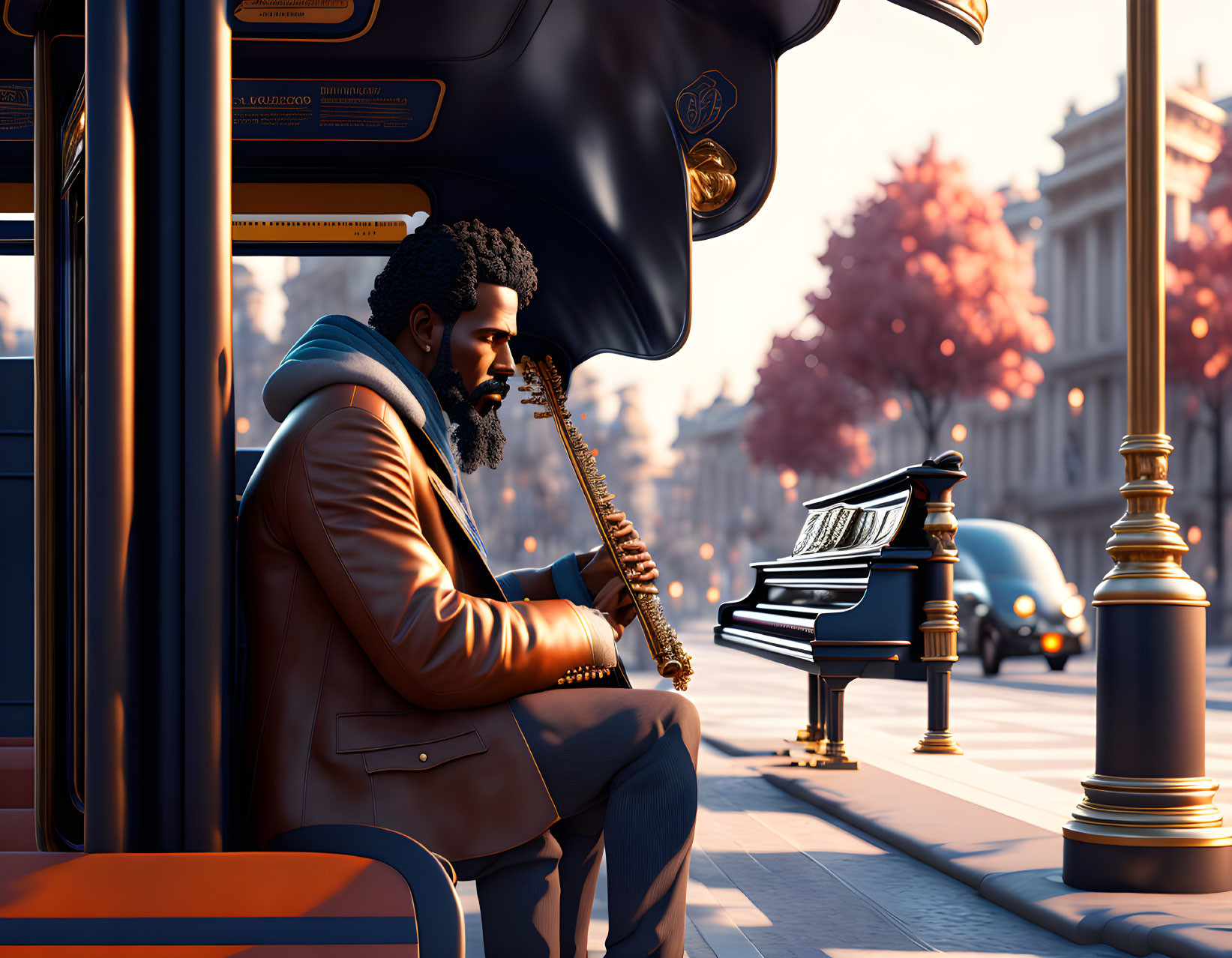 a musician on the bus stop