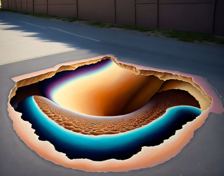 Trompe-l'œil illusion painting of a deep hole on a