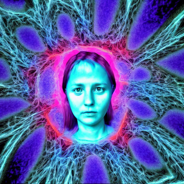 Stoic woman portrait surrounded by neon fractal patterns