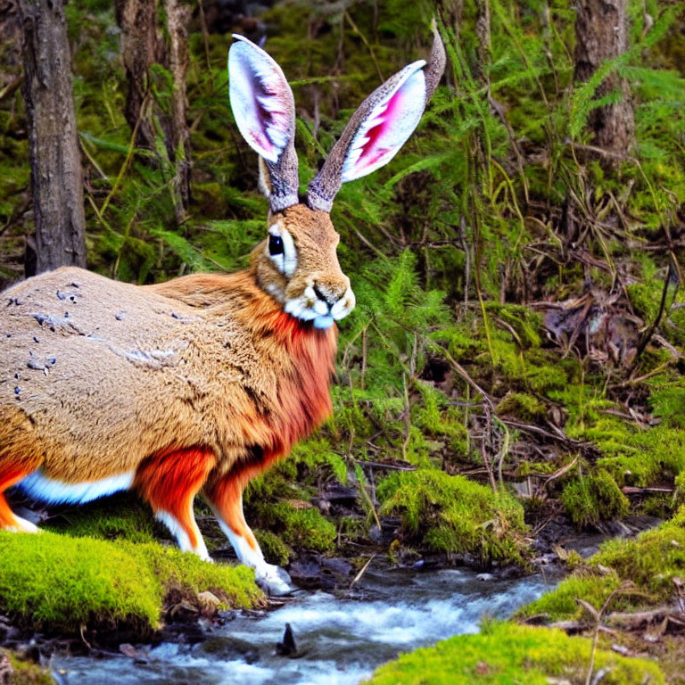 Digital artwork of a rabbit-headed creature by a forest stream