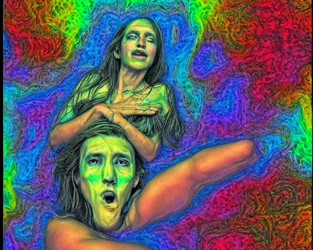 Colorful Psychedelic Artwork: Two Human Figures in Swirling Patterns