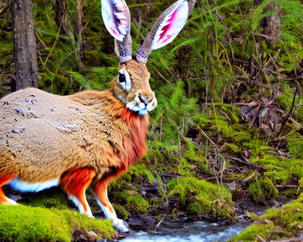 Digital artwork of a rabbit-headed creature by a forest stream