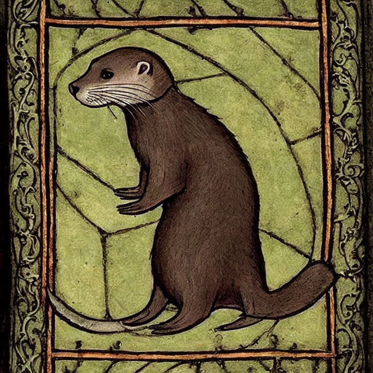 Brown Otter Standing Upright in Green Arch-Patterned Background