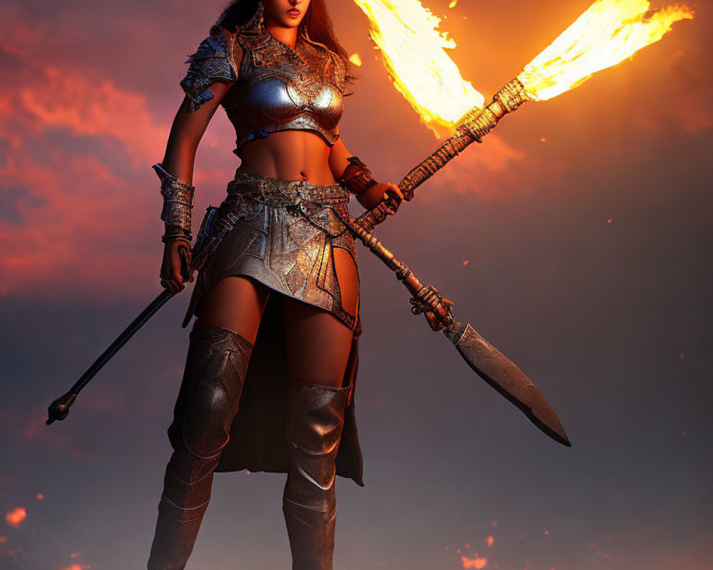 Warrior woman in armor with flaming spear in fiery background