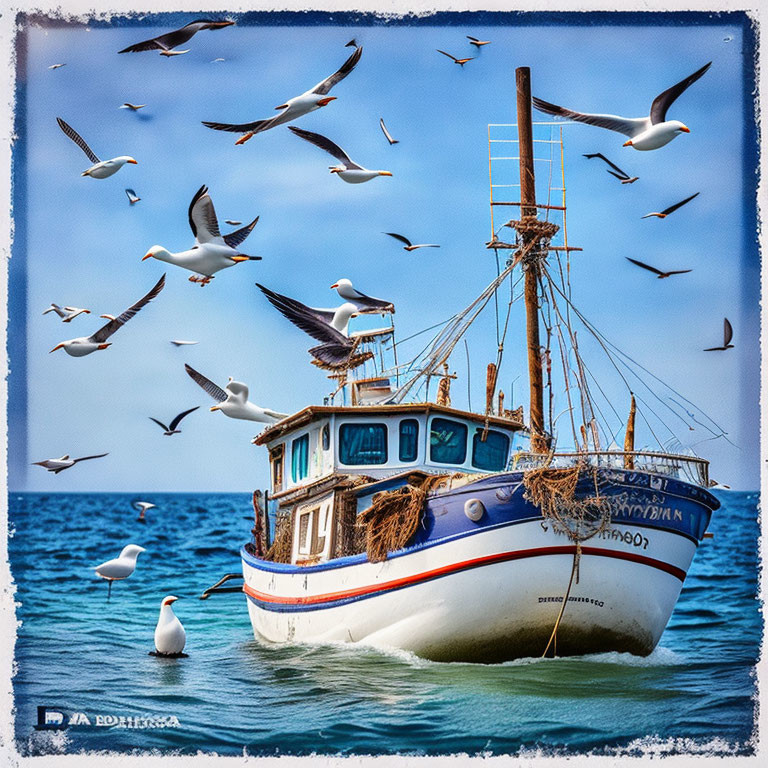 fishing boat, seagulls