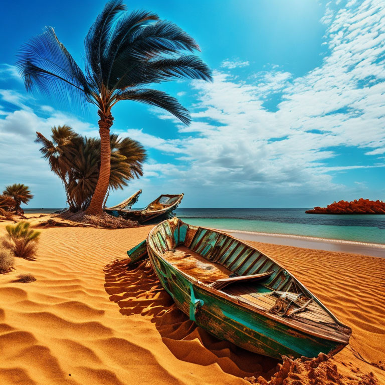 boat wreck, sand, palm tree, sea, desert