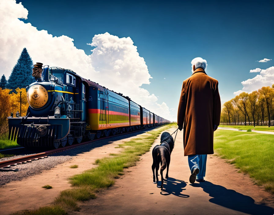 Elder man walking dog near train tracks