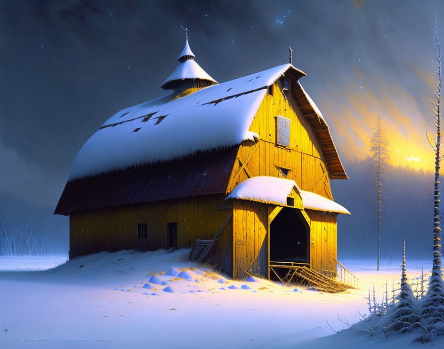  at night, a barn abandoned for a very long time, 