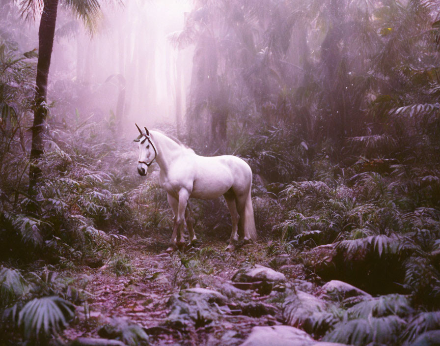 Tropical forest in the winter and a white unicorn
