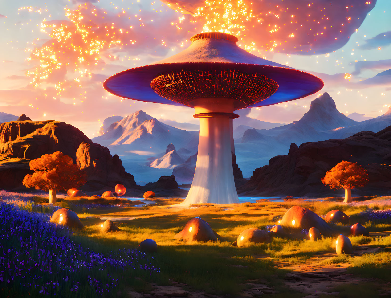 Fantasy landscape with giant blue glass mushrooms 