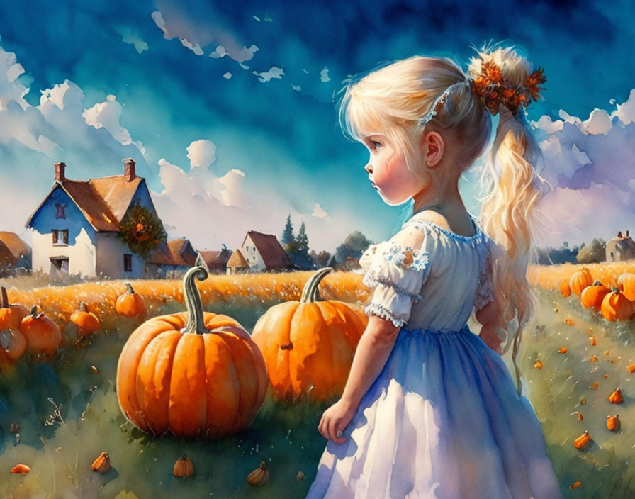 Little Girl Pondering the Pumpkin Patch 