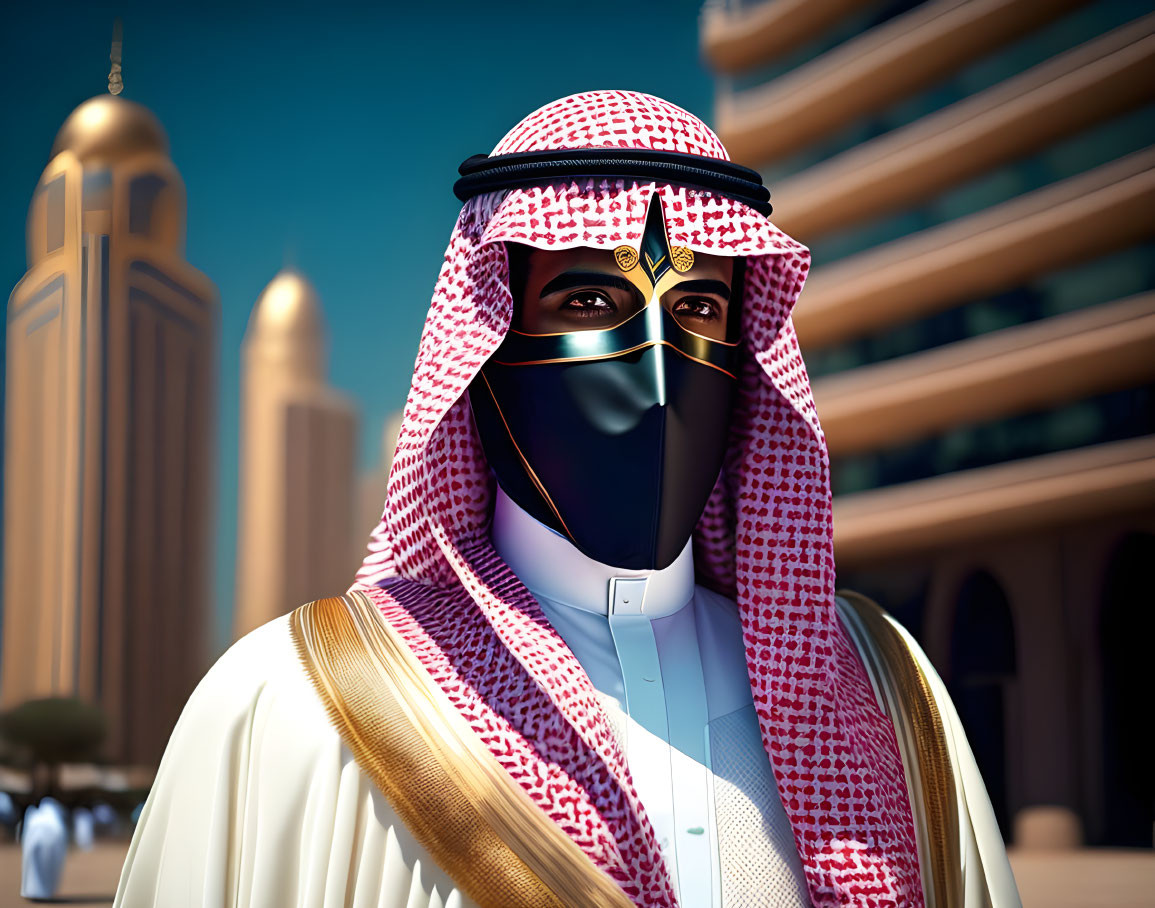 A masked saudi guy .. realistic fancy and in a cit
