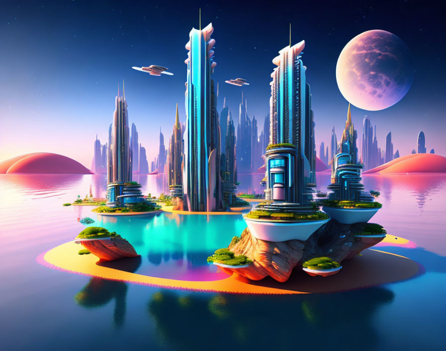 Create a futuristic cityscape on a floating island