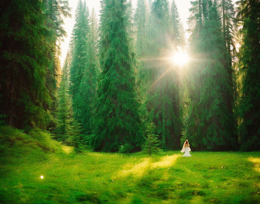 fairytale coniferous forest with sunlit and fairy